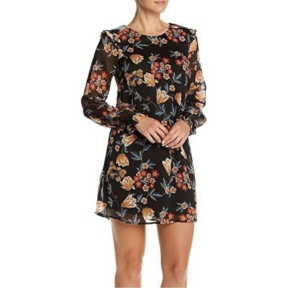Bobeau Black floral shift dress with sheer‎ sleeves SZ LG